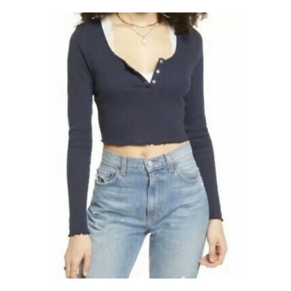 bp Tops - Bp Ribbed Henley Long Sleeves Crop Top Size Large